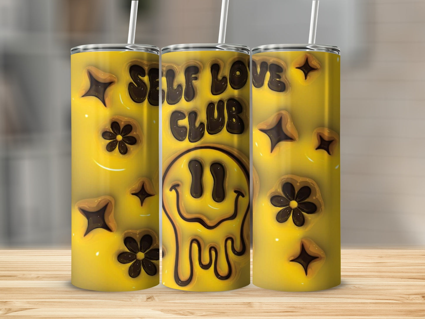 Self Love Club Yellow Tumbler with Smiley Flowers