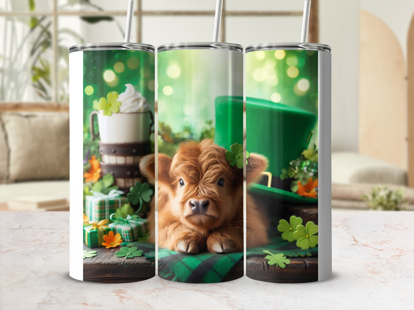 St. Patrick's Day Cute Cow and Clover Decorated Tumblers