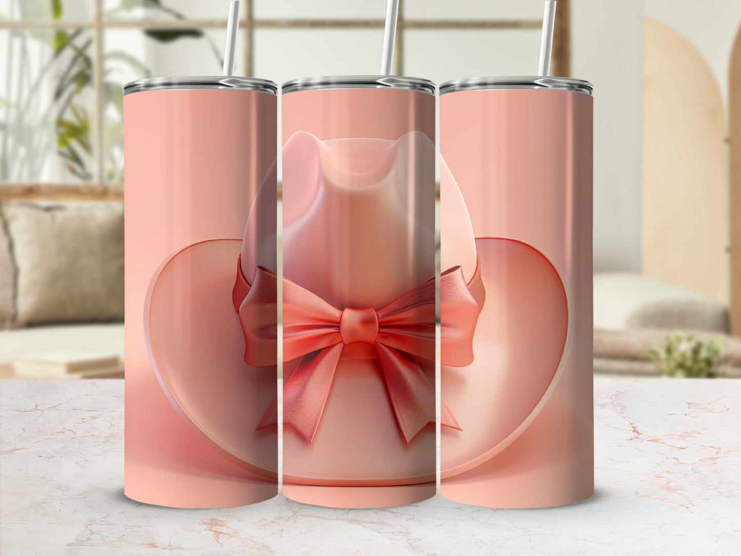 Pink cowboy hat with bow on tumbler mockup.
