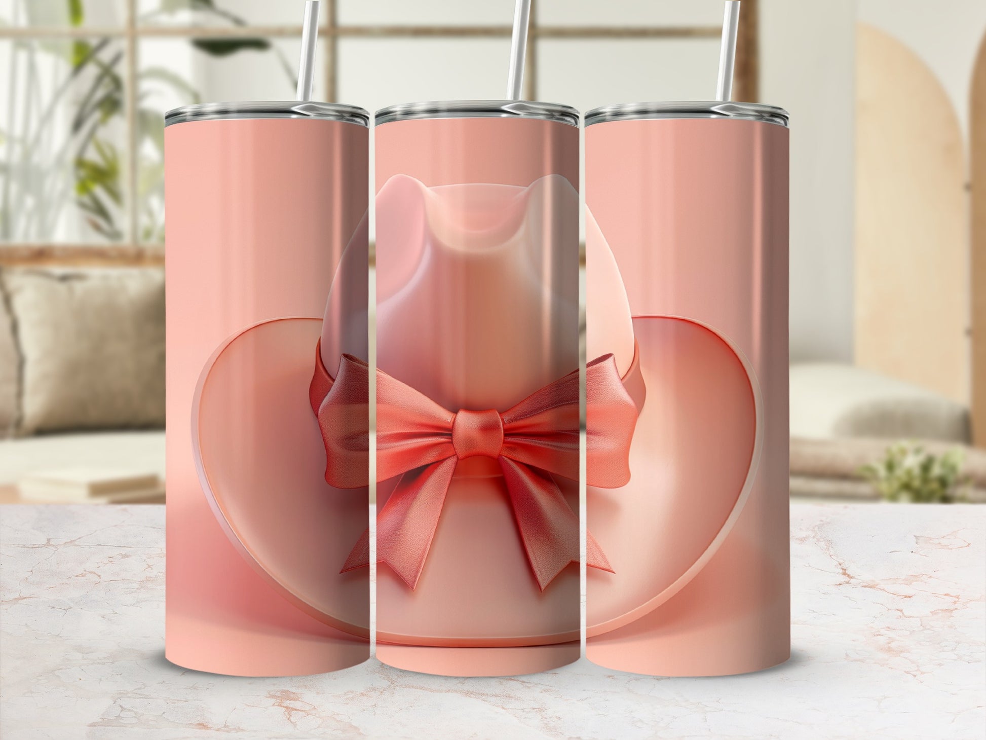 Pink cowboy hat with bow on tumbler mockup.