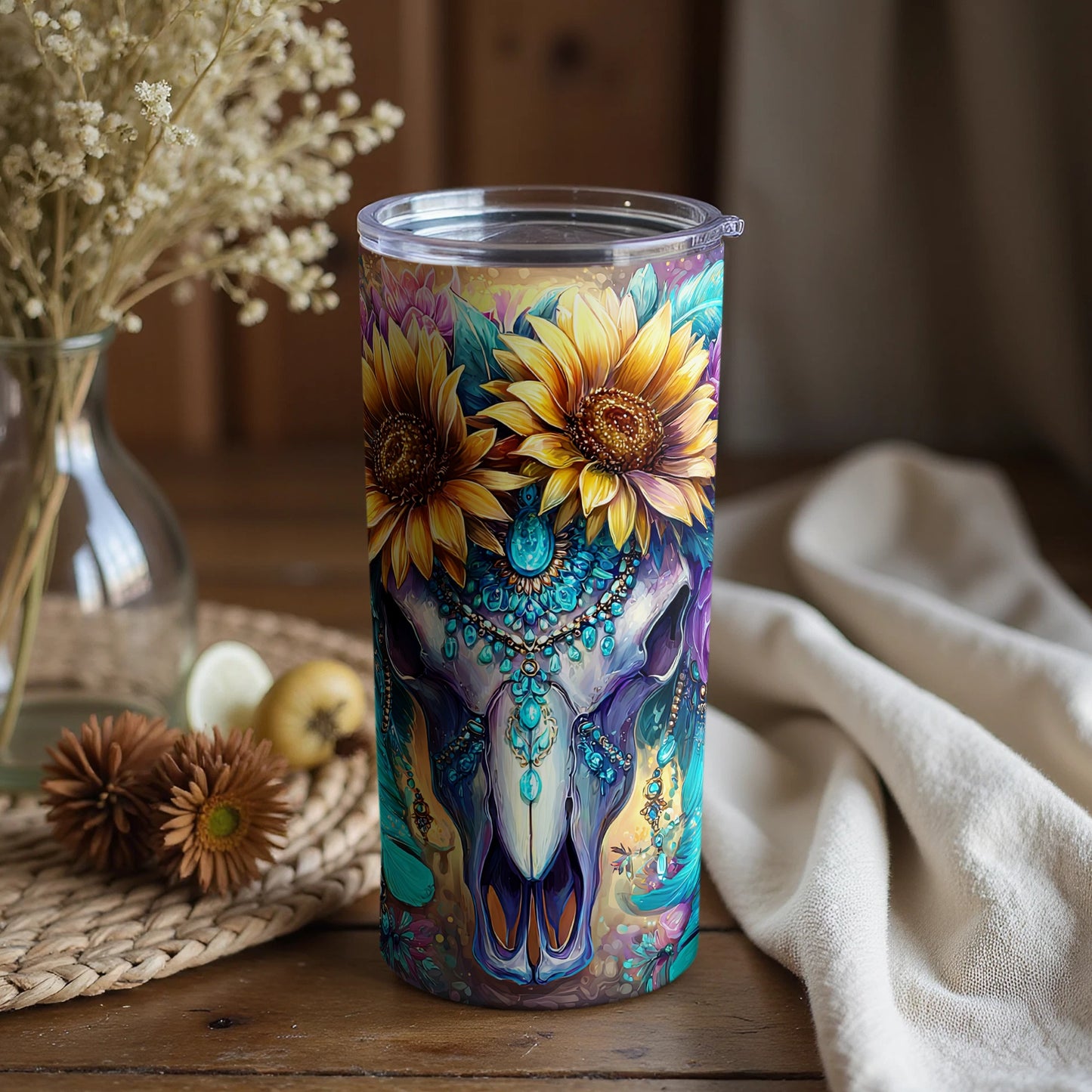 Sunflower and Skull Art Insulated Tumbler Cup Product