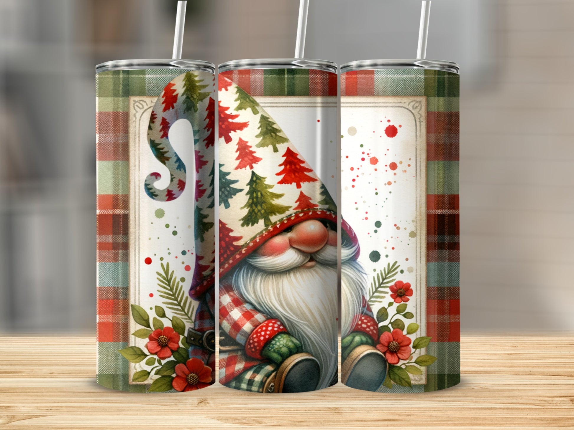 Tuscan gnome with plaid trees and red flowers on tumbler.