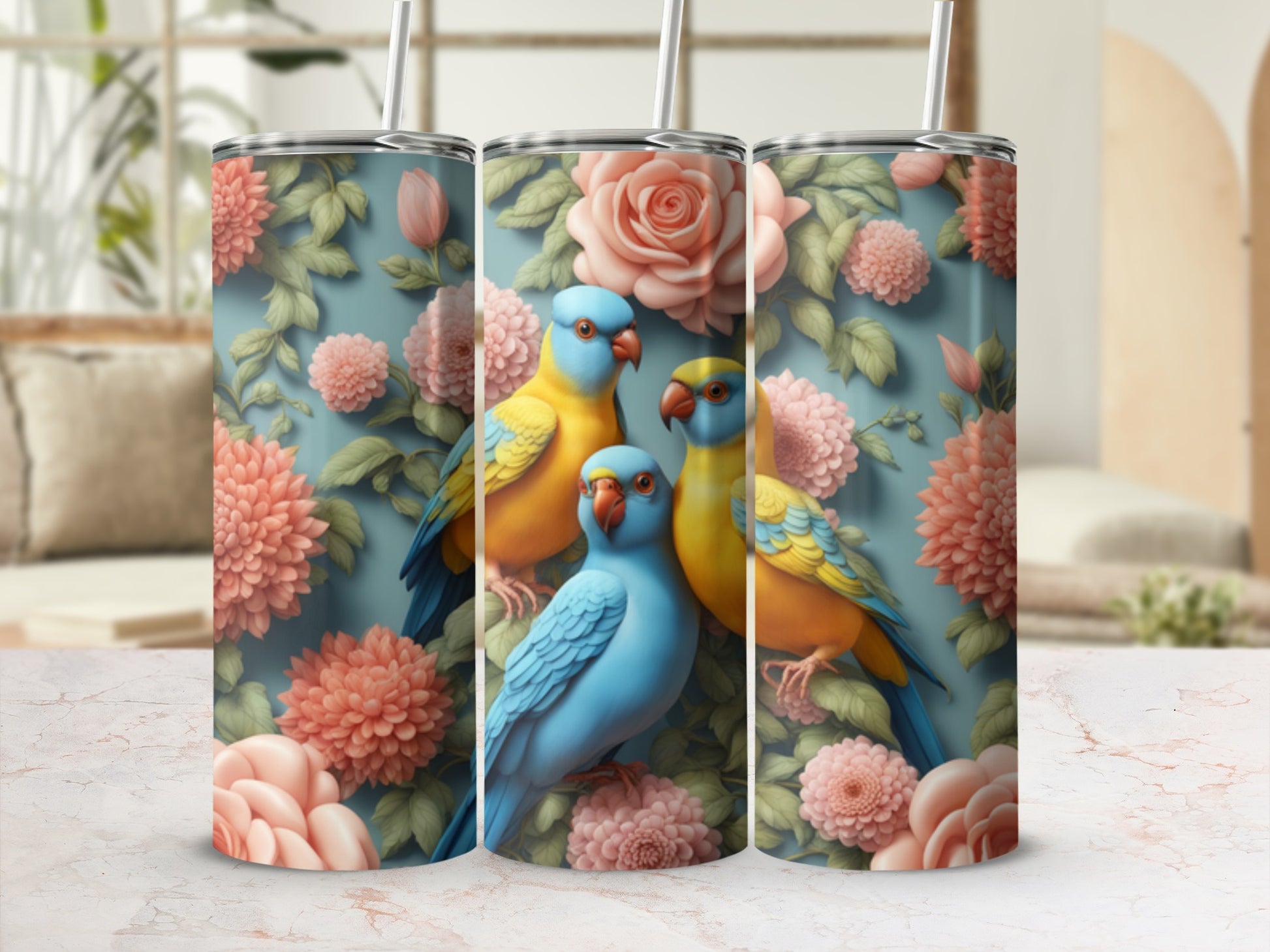 Three parrots on a floral background with roses and dahlias.
