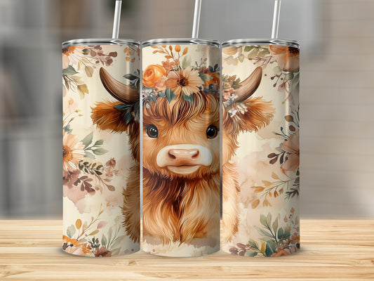 Highland Cow Flora Cute Artistic Stainless Steel Tumbler
