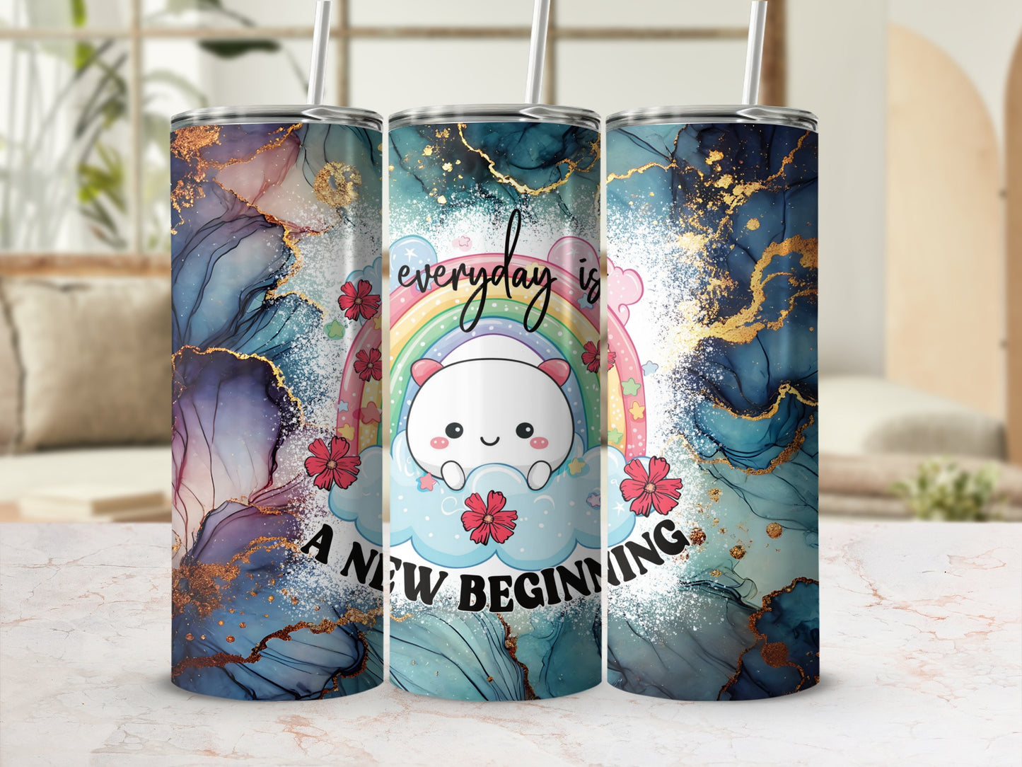 Kawaii cat with rainbow and text "everyday is A NEW BEGINNING" on abstract background.