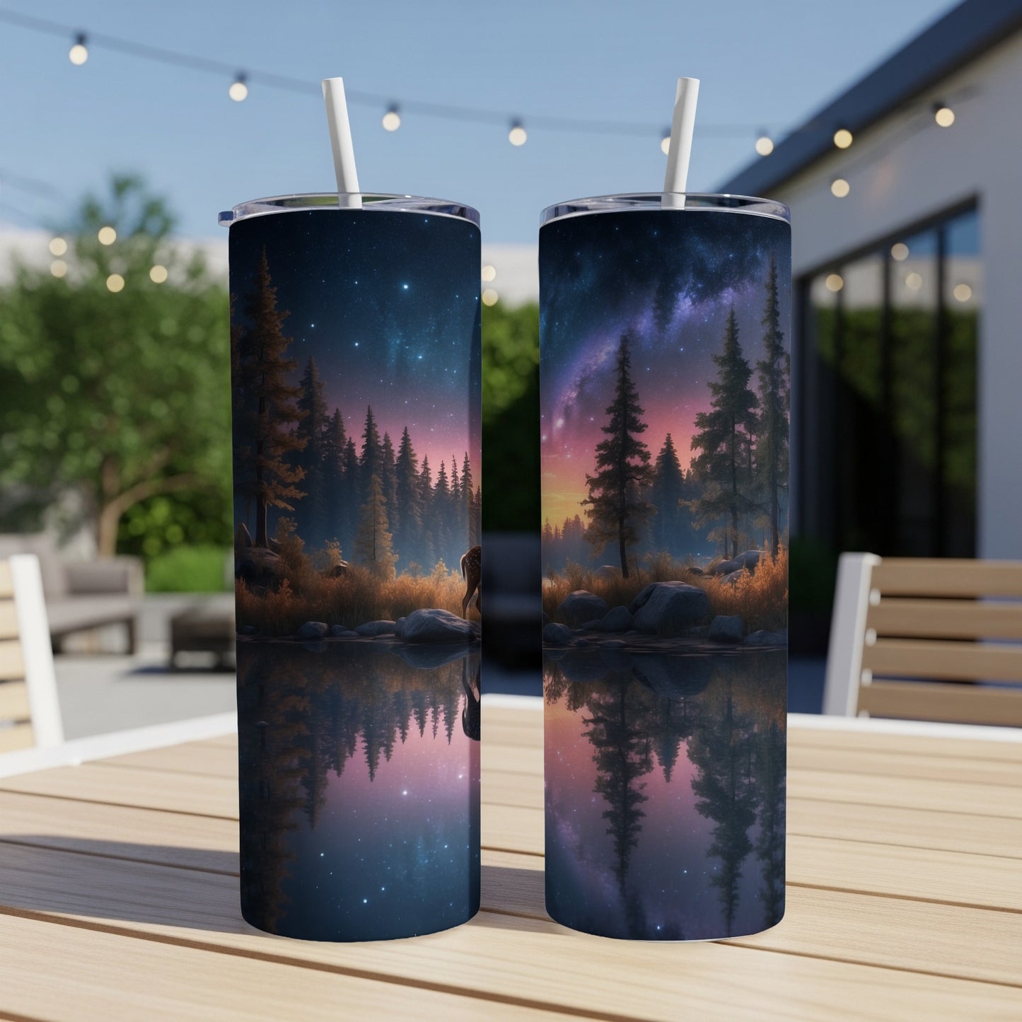 Two tumblers with a starry forest and galaxy scene reflected in water.