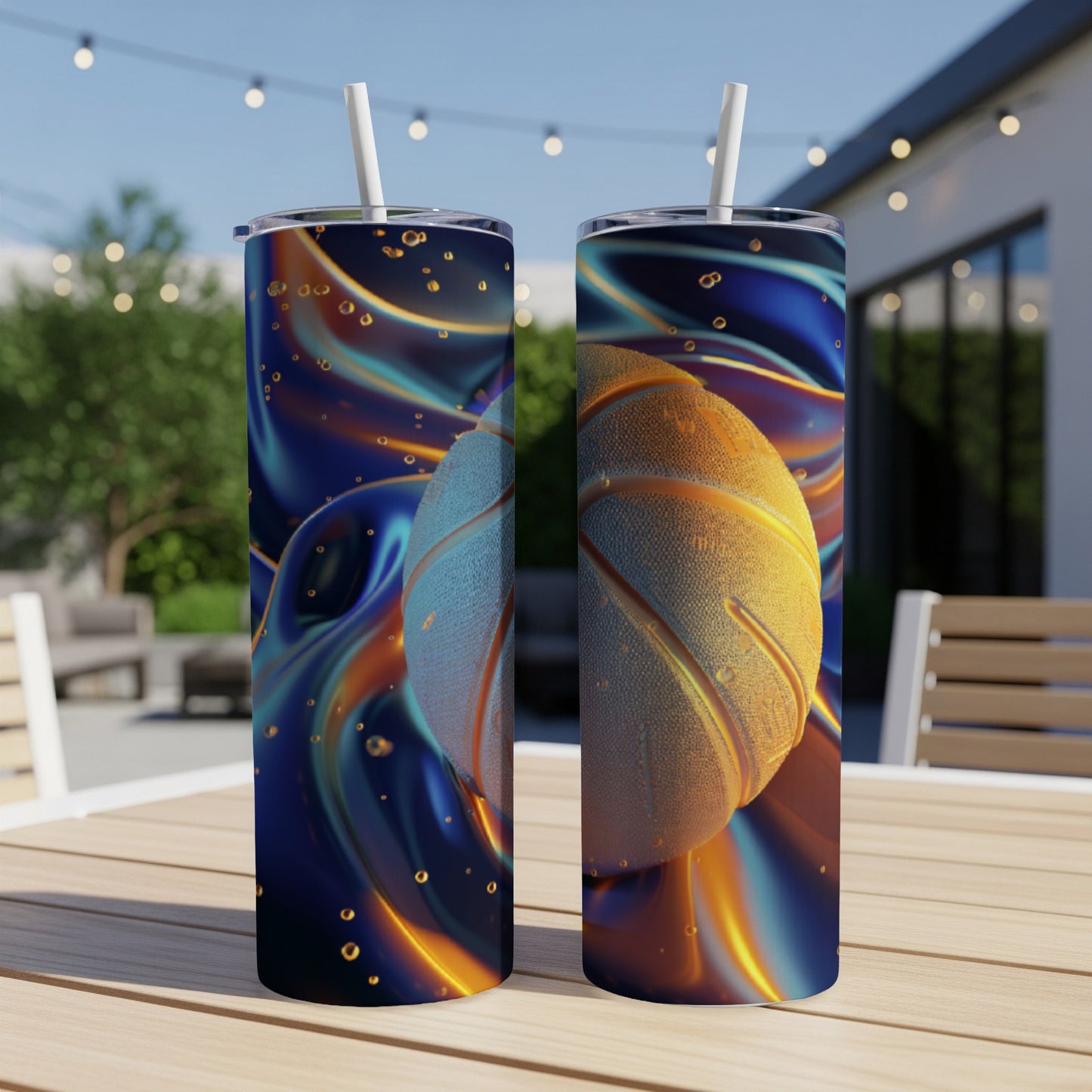 Two basketball tumblers with textured basketballs and fluid metallic backgrounds.