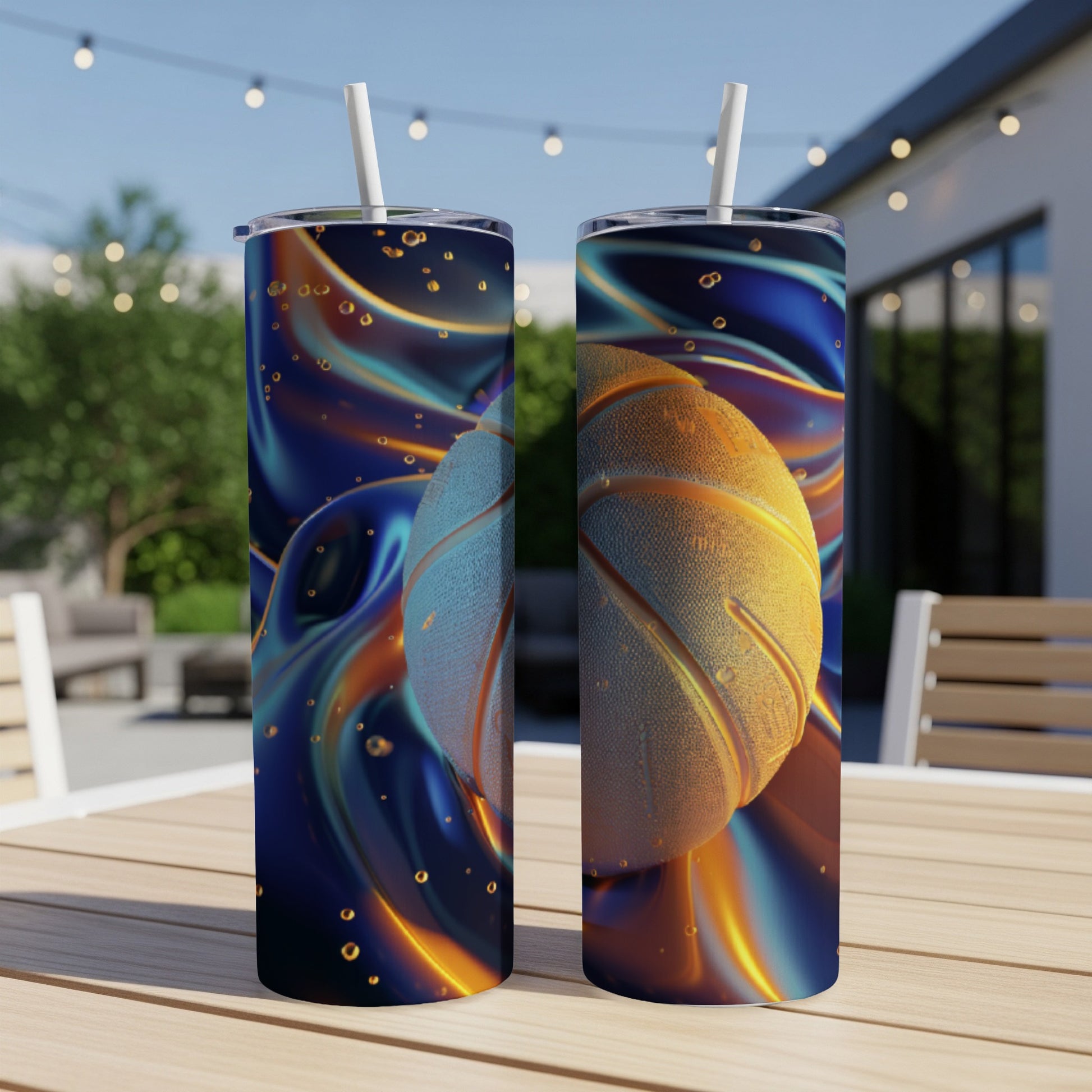 Two basketball tumblers with textured basketballs and fluid metallic backgrounds.