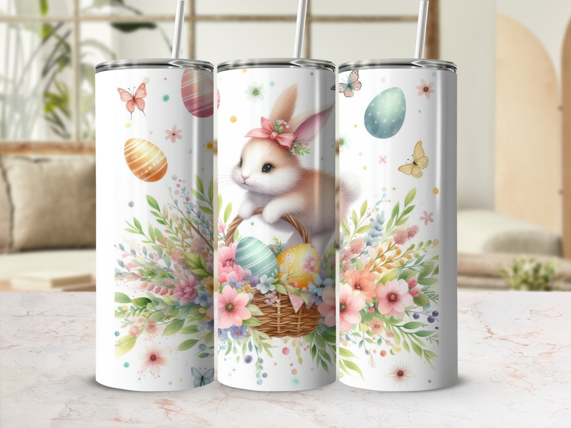 Easter bunny with decorated eggs in a basket, surrounded by flowers and butterflies.