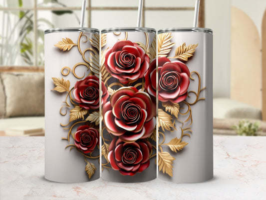 Three white tumblers with a red rose and gold vine design.