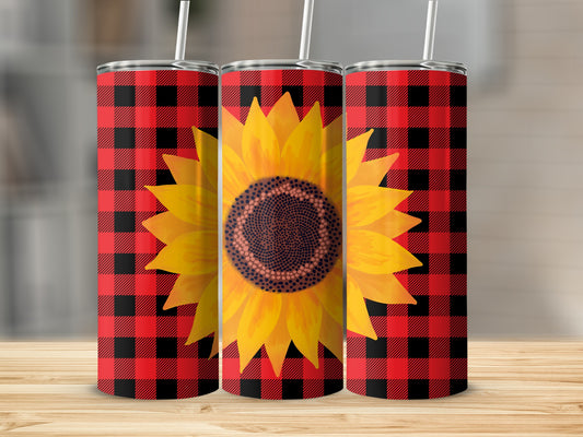 Sunflower tumbler with red and black buffalo plaid background.