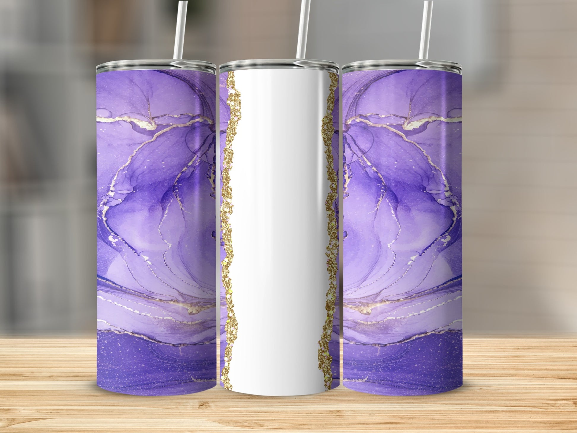 Purple marble tumbler with gold accents and a white panel for personalization.