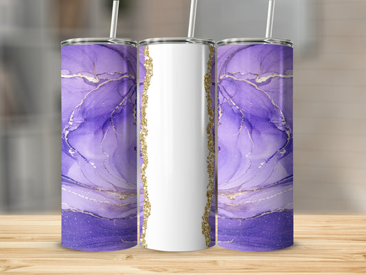 Purple marble tumbler with gold accents and a white panel for personalization.