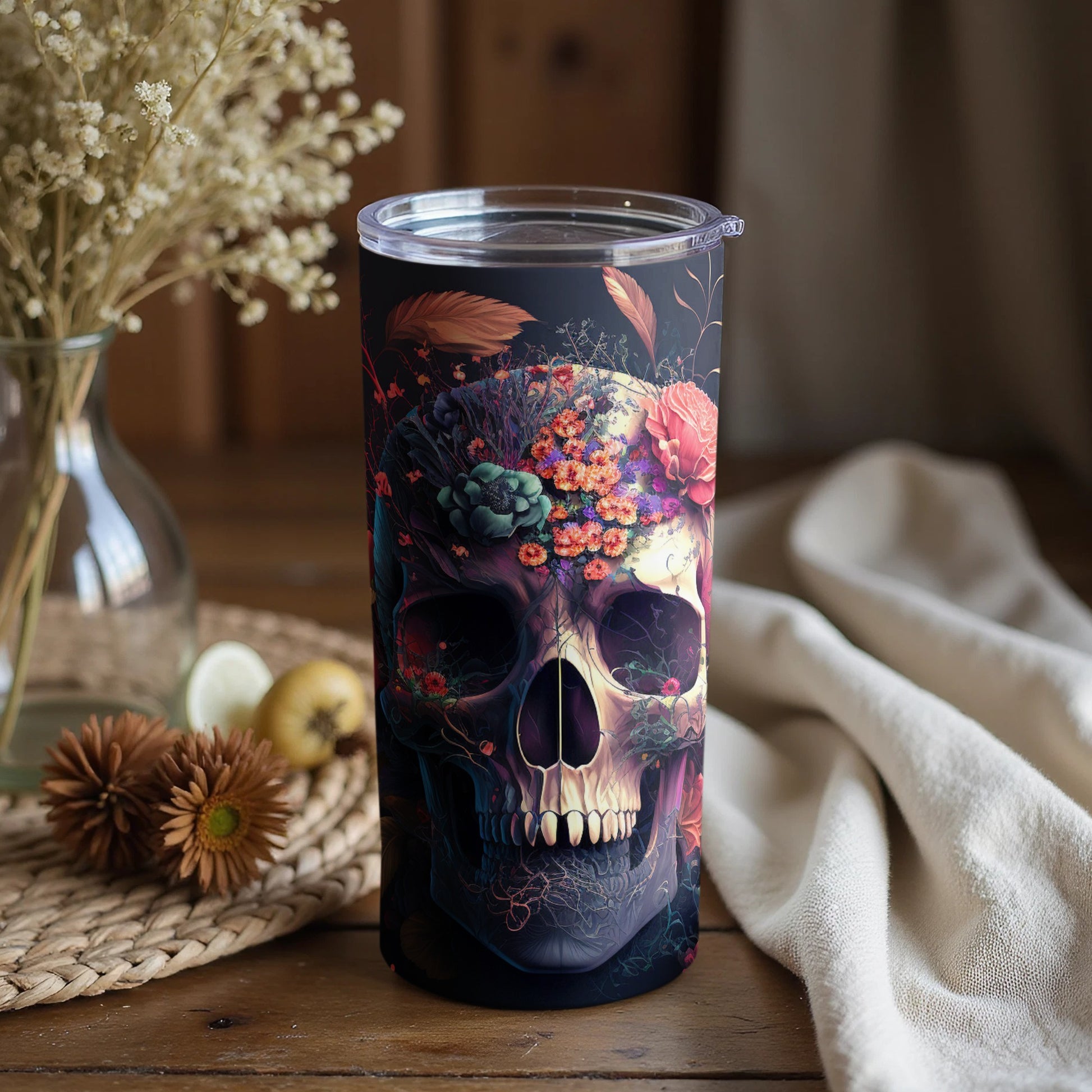 Intricate Floral Skull Design Travel Tumbler