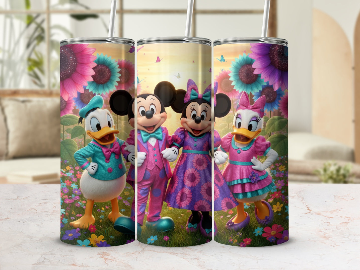 Vibrant Cartoon Characters Floral Patterned Tumblers