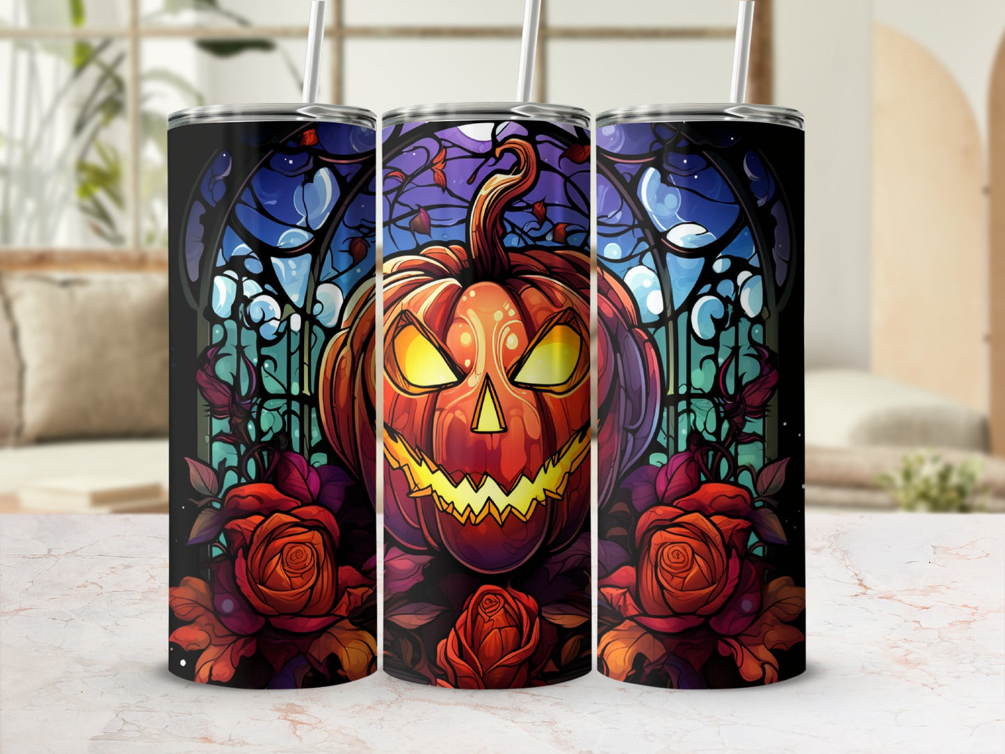 Three tumblers feature a Halloween jack-o'-lantern with roses and stained-glass design.