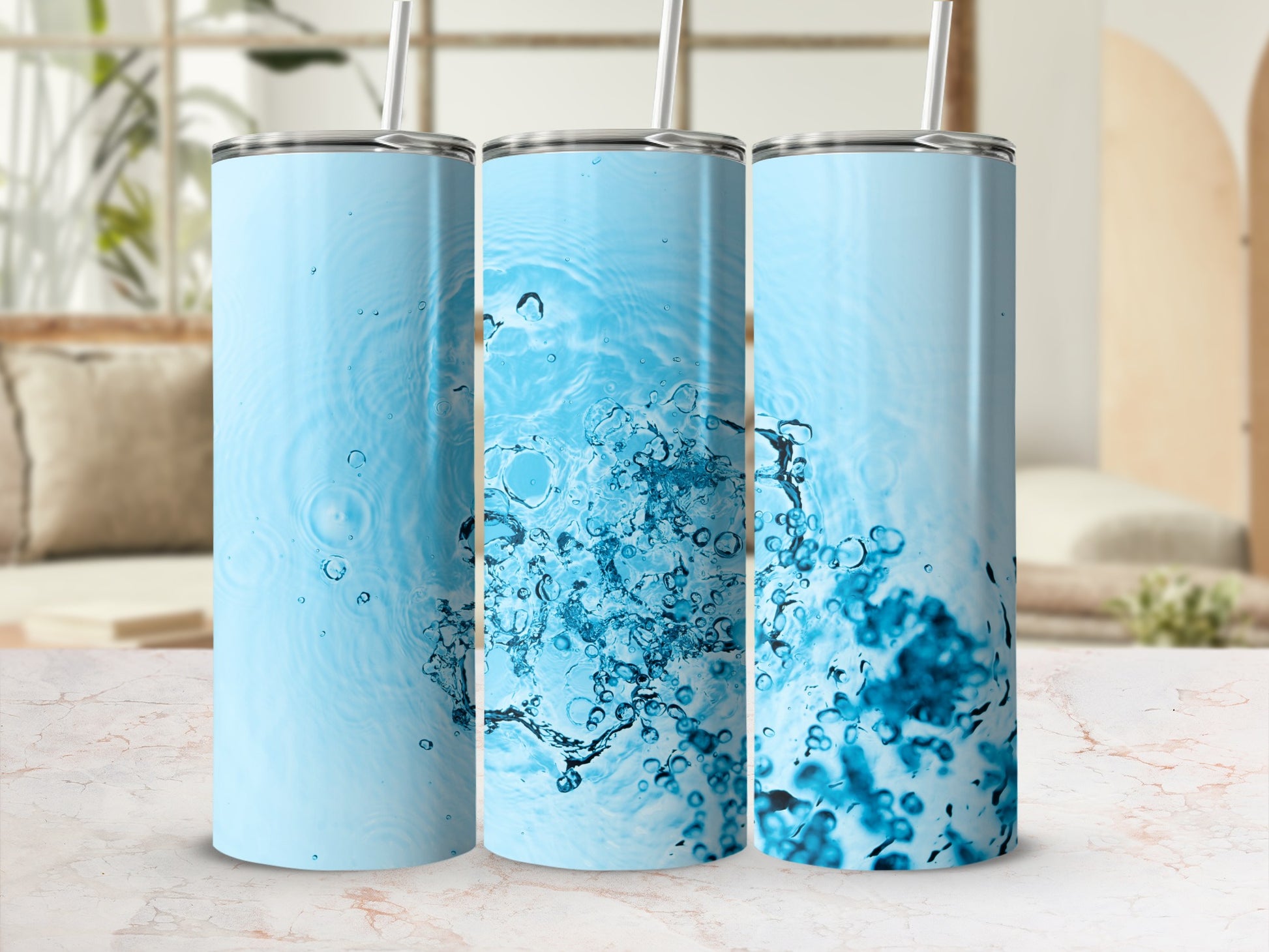 Light blue tumbler with water splash design.
