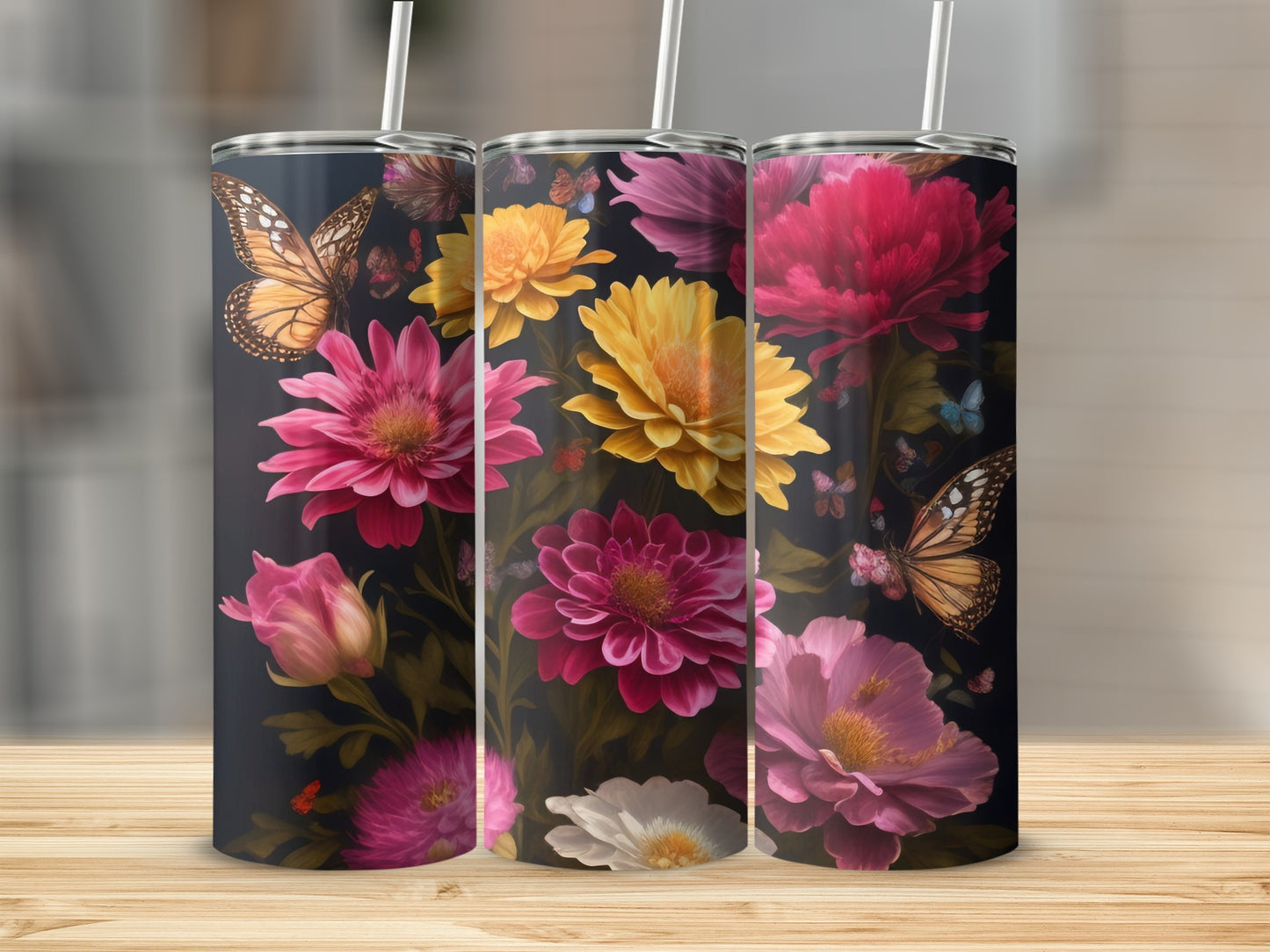 Vibrant Floral and Butterfly Design Insulated Tumbler