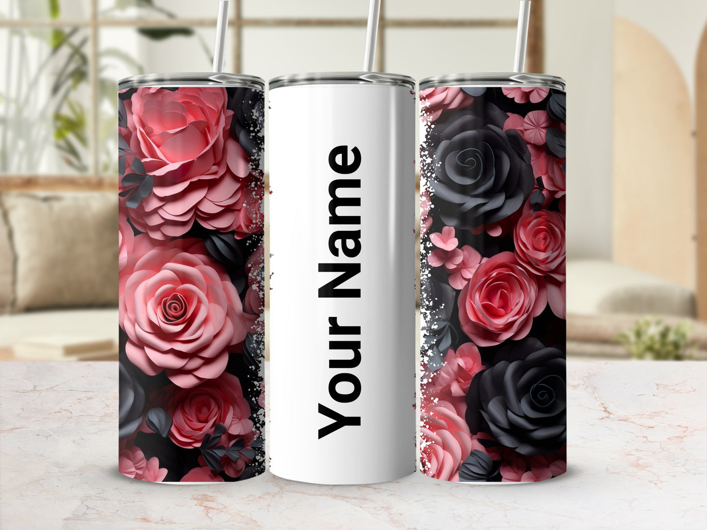 Personalized Floral Design Tumbler with Custom Name