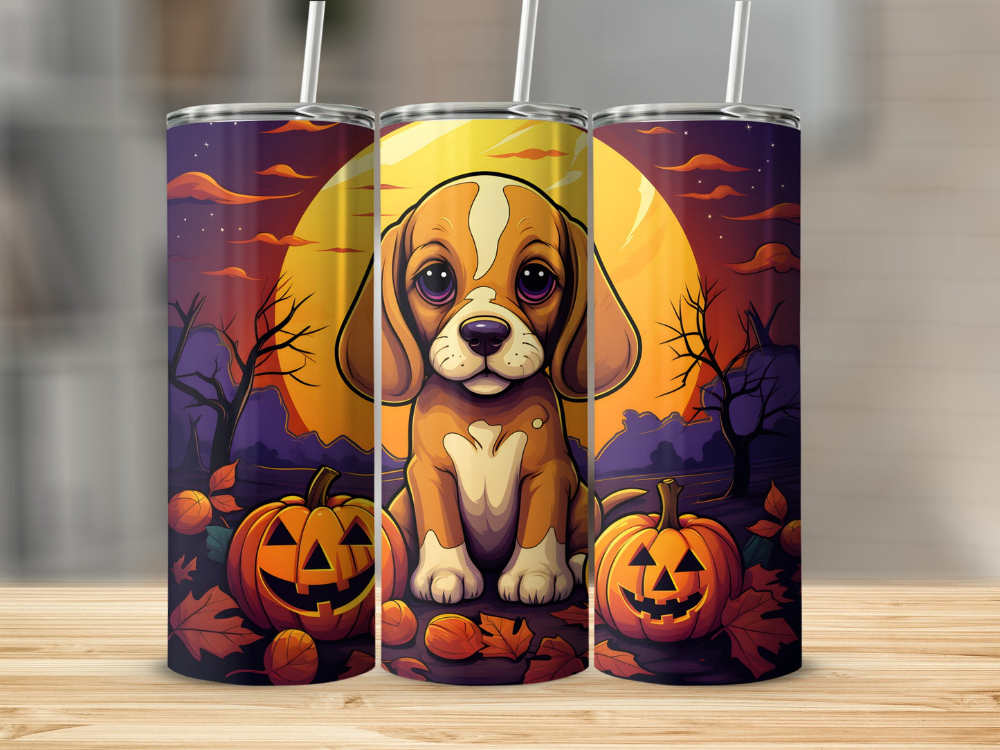 Tumbler with cartoon dog, pumpkins, and fall leaves Halloween design.