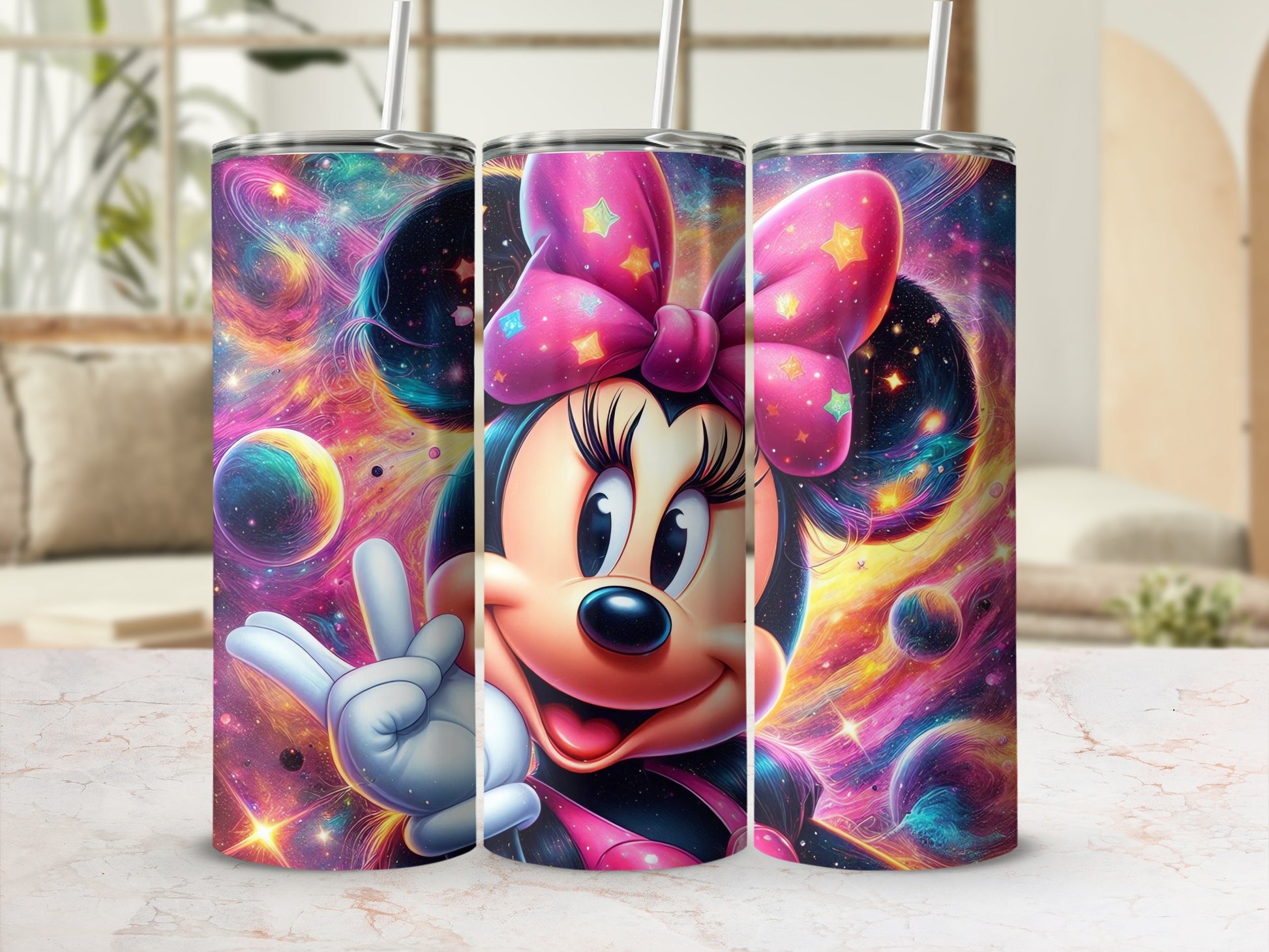 Colorful Minnie Mouse Galaxy Theme Tumbler Design