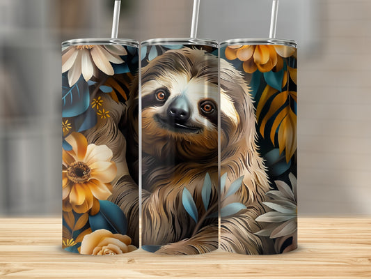 Sloth among autumn flowers and leaves on three tumblers.