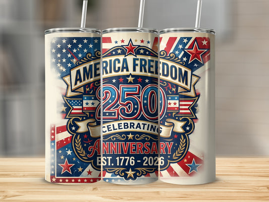 Tumblers celebrating America's 250th anniversary with stars and stripes design.