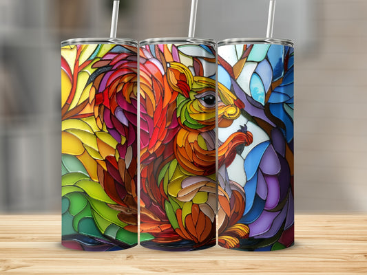 Three stained-glass style tumblers featuring a colorful squirrel design.