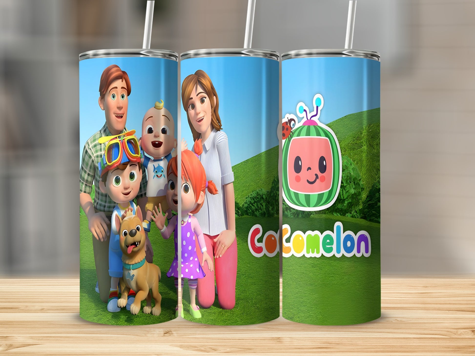 Cocomelon characters and logo on three tumblers.