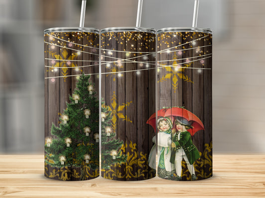 Christmas tree and couple under umbrella on rustic wood background.