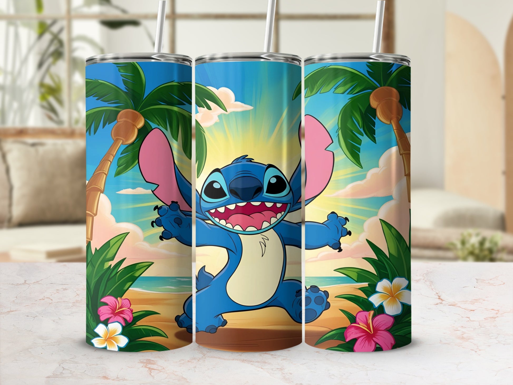 Stitch character with outstretched arms on a tropical beach with palm trees and flowers.