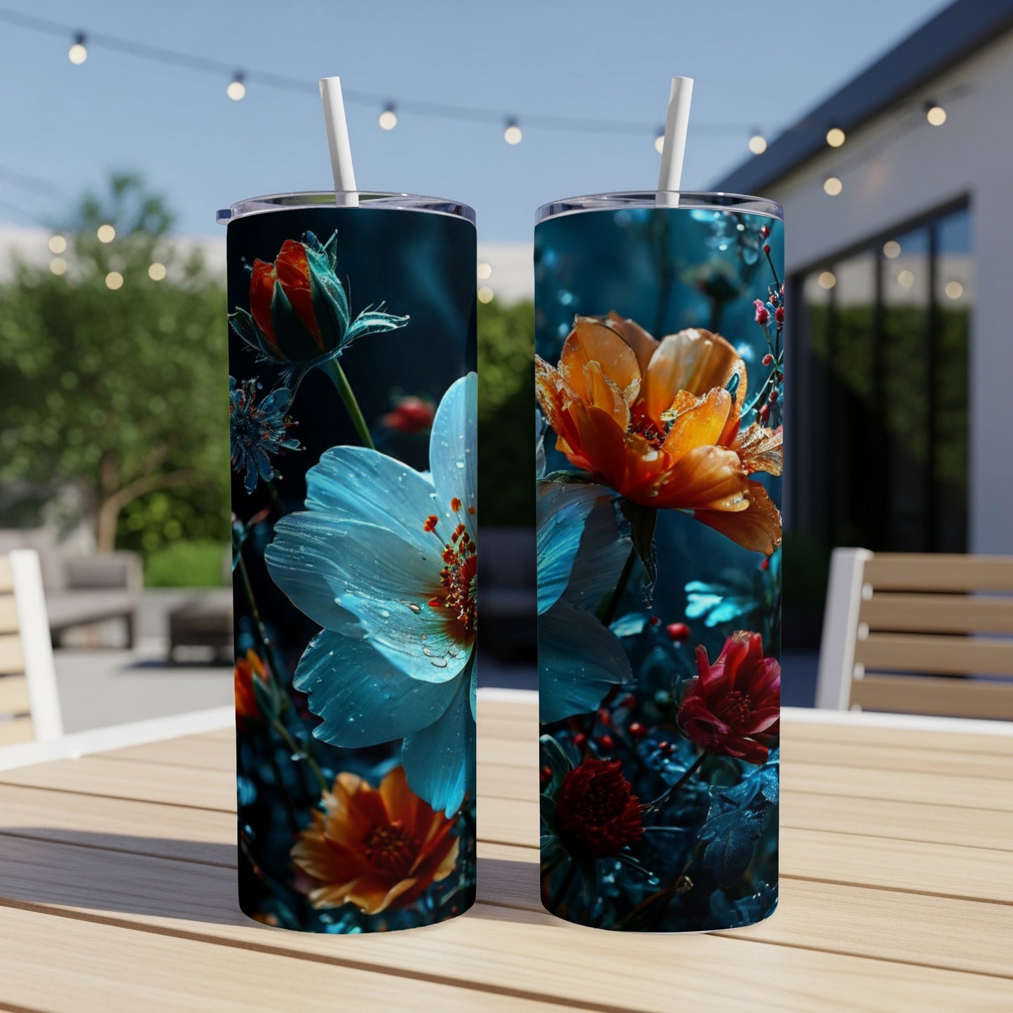 Two tumblers with colorful floral designs on an outdoor table.