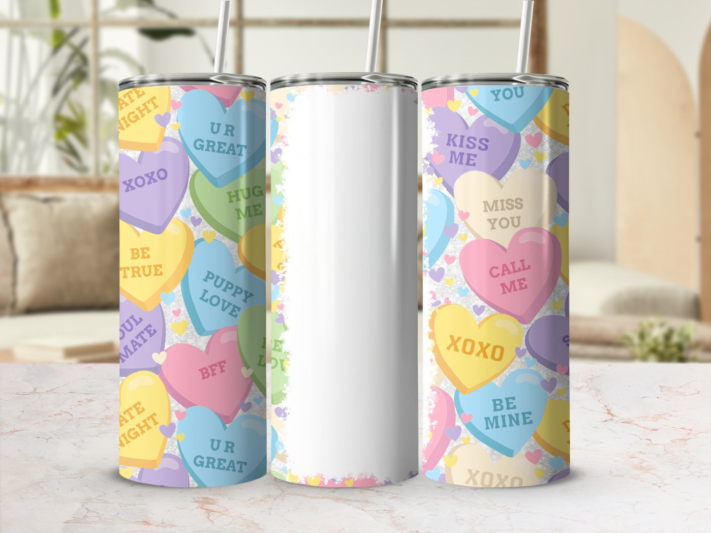 Valentine's Day tumblers with candy heart messages like "XOXO" and "UR GREAT".