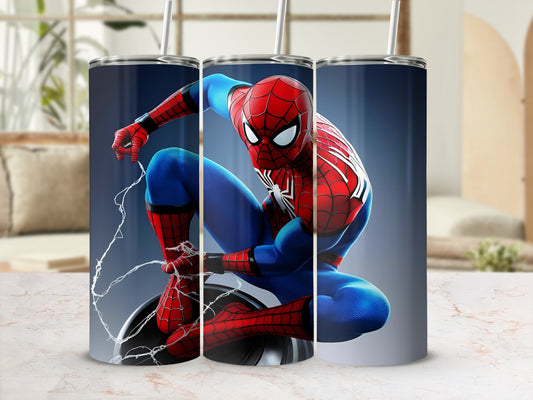Spider-Man in dynamic pose on a tumbler with web accents.