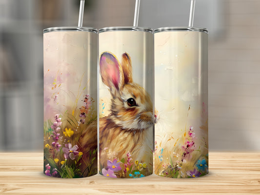 Bunny in watercolor wildflowers on three tumblers.
