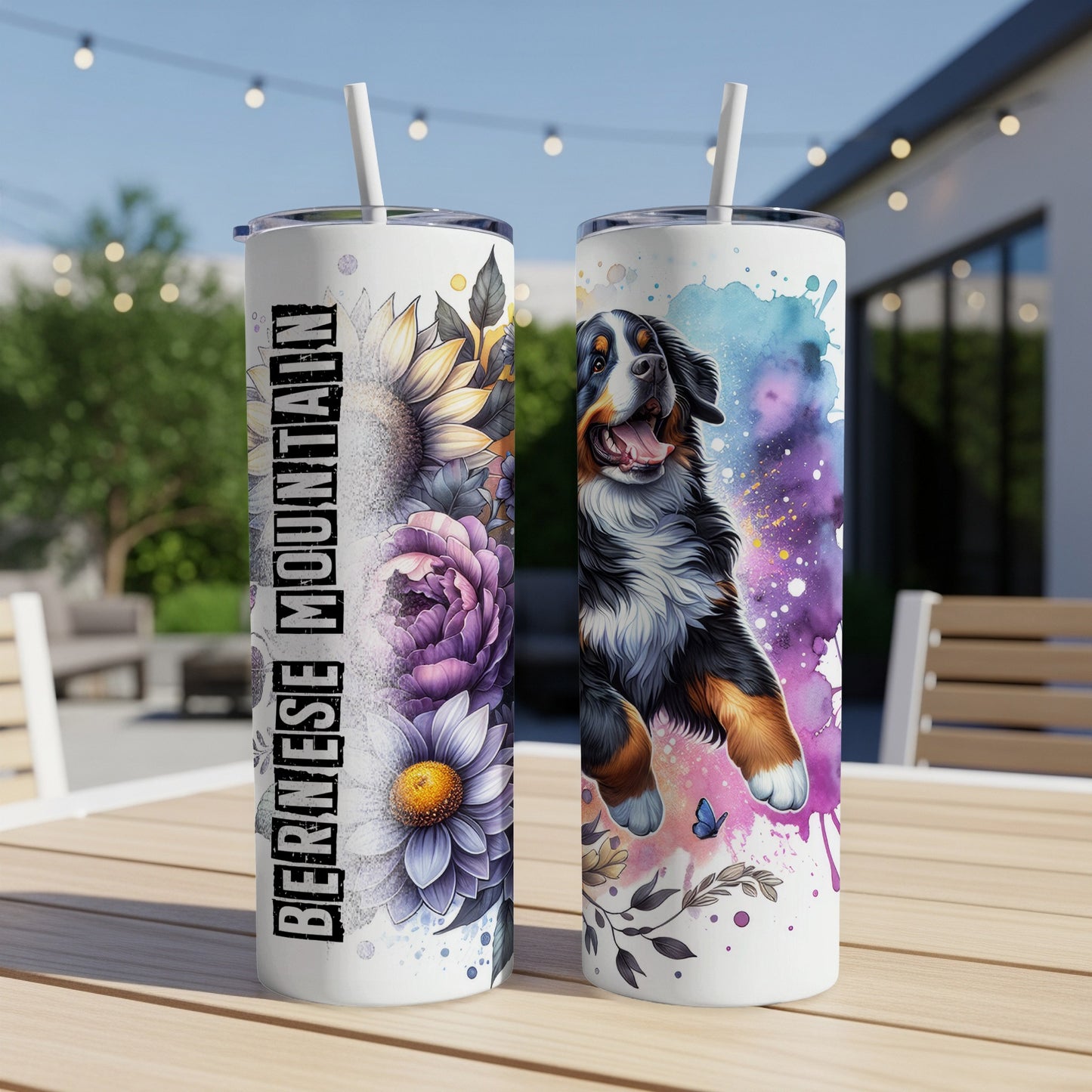 Bernese Mountain Dog with colorful watercolor splashes on a tumbler.