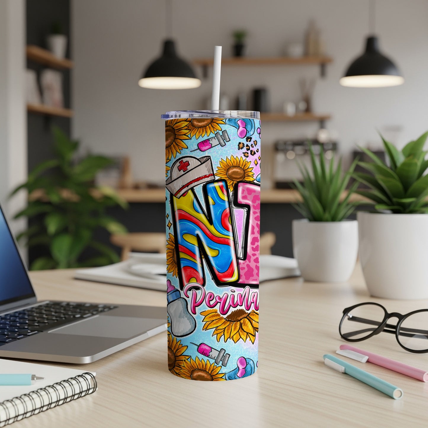 Nurse tumbler with colorful letters, sunflowers, and medical icons.