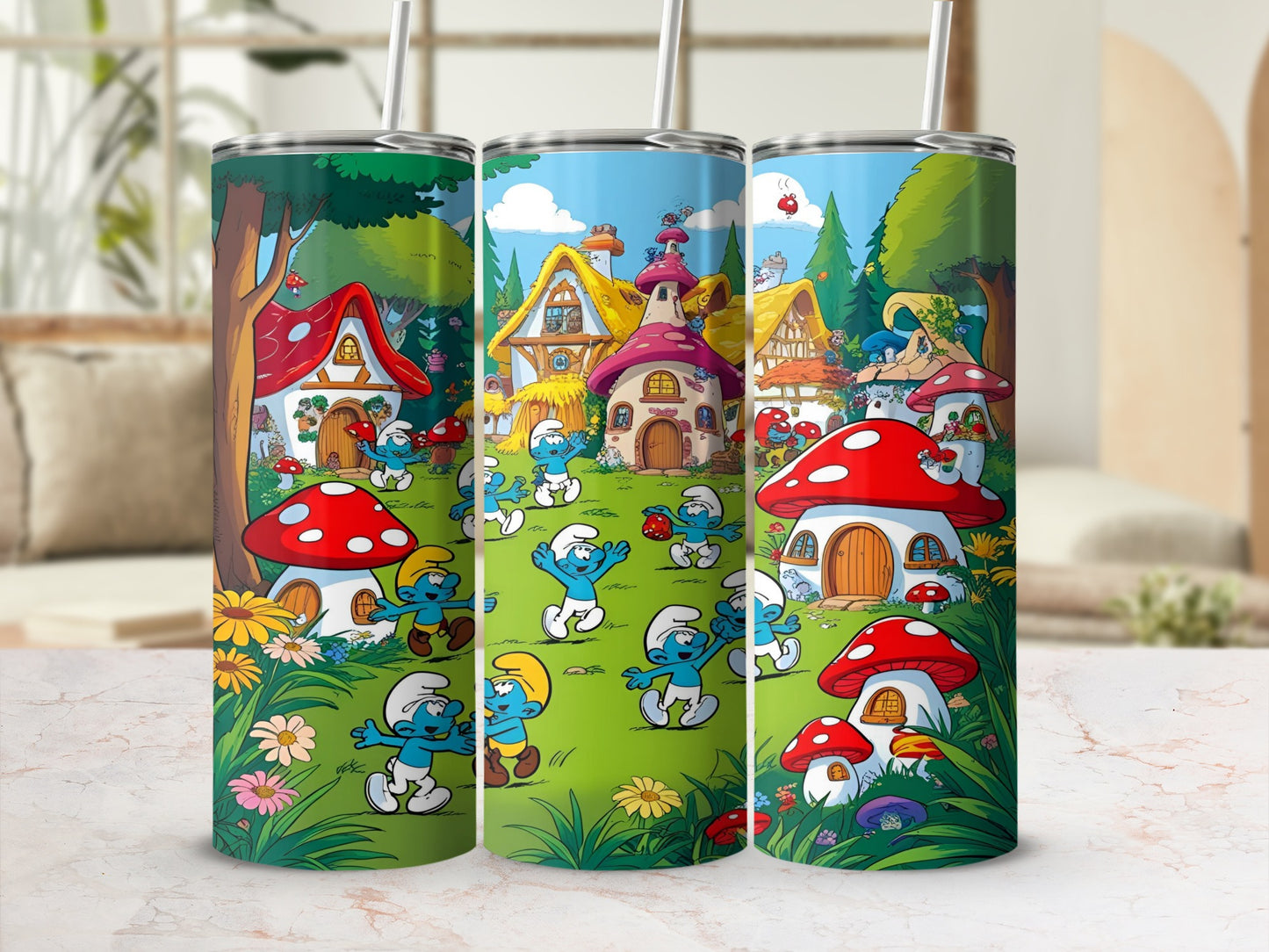Smurfs in a village with mushroom houses and flowers.