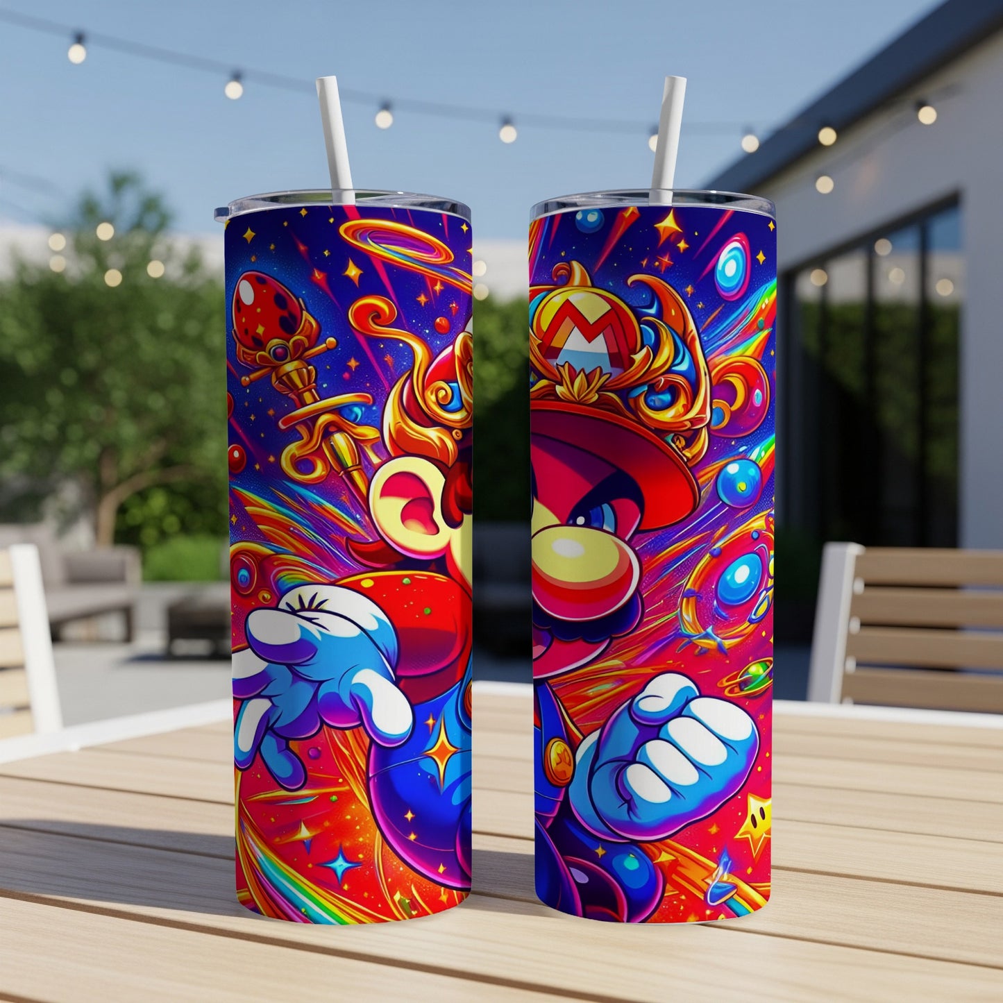 Two Mario-themed tumblers with psychedelic, colorful cartoon artwork.