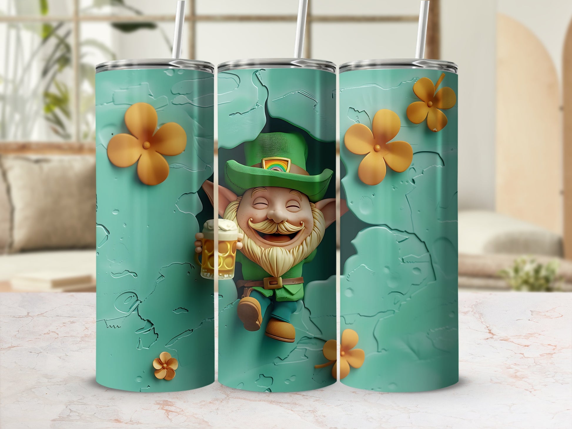 St. Patrick's Day tumbler with a leprechaun holding a beer.