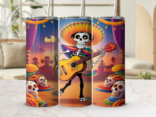 Day of the Dead skeleton playing guitar with sugar skulls and festive background.