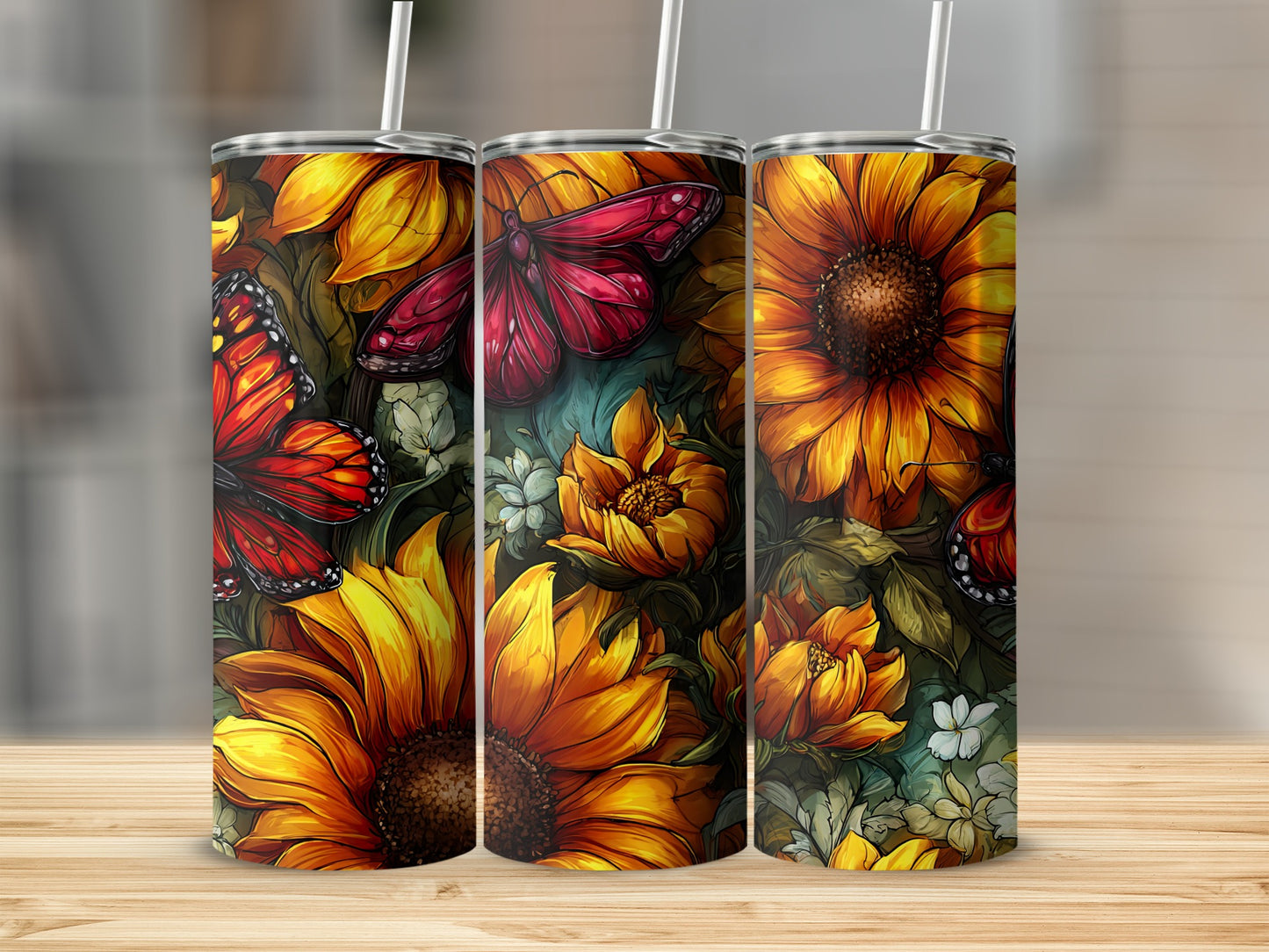 Vibrant Sunflowers and Butterflies Tumbler