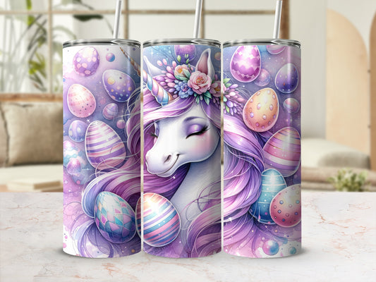 Unicorn with Easter eggs and floral crown on a tumbler.