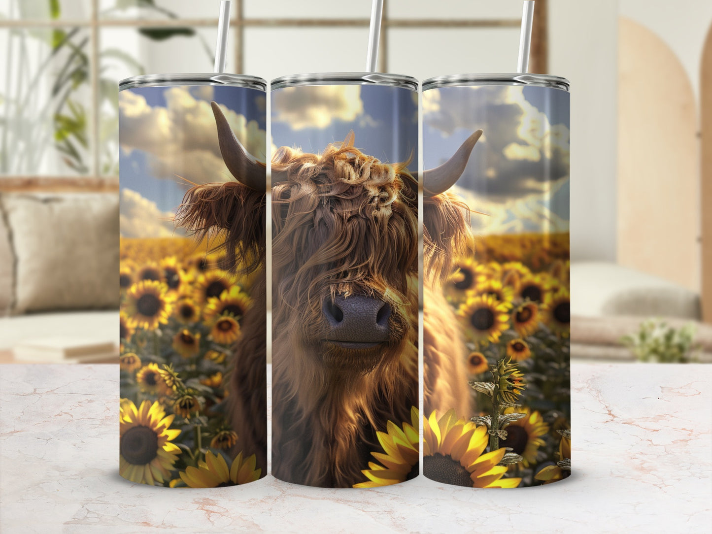 Highland cow in a sunflower field on a tumbler.