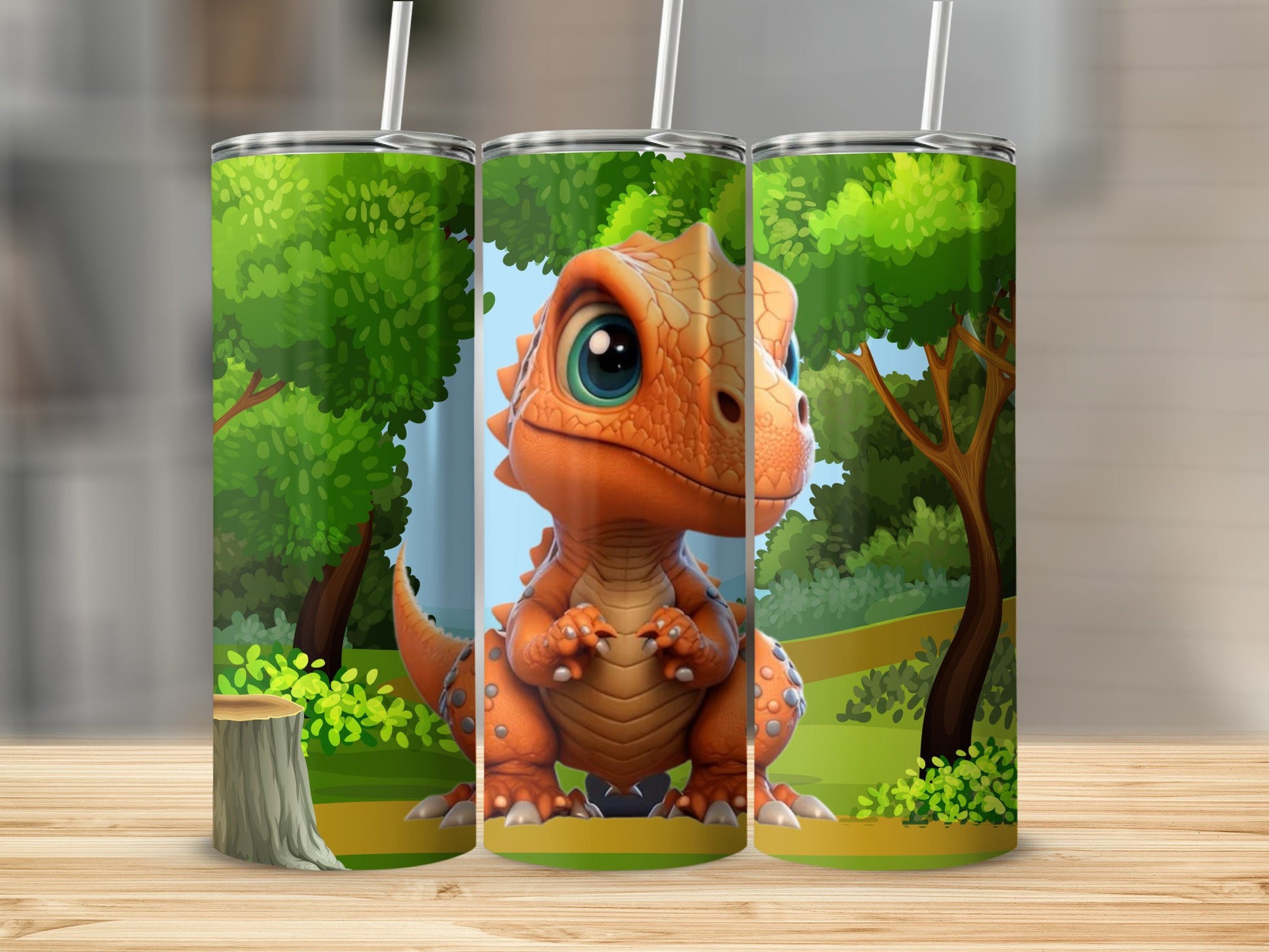 Cute Baby Dinosaur Illustration Forest Background Tumbler