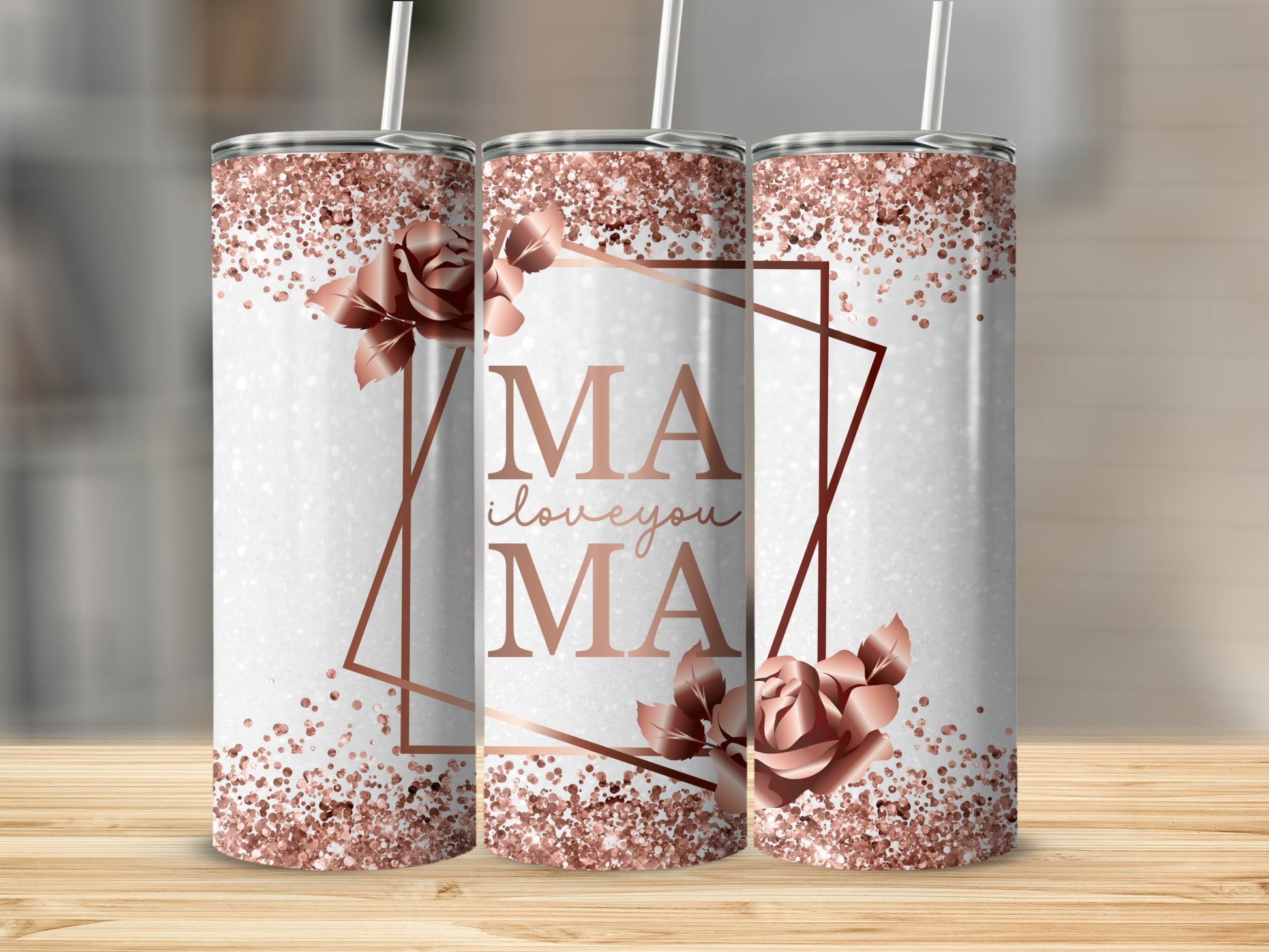 Mama I love you tumbler with rose gold glitter and flowers.