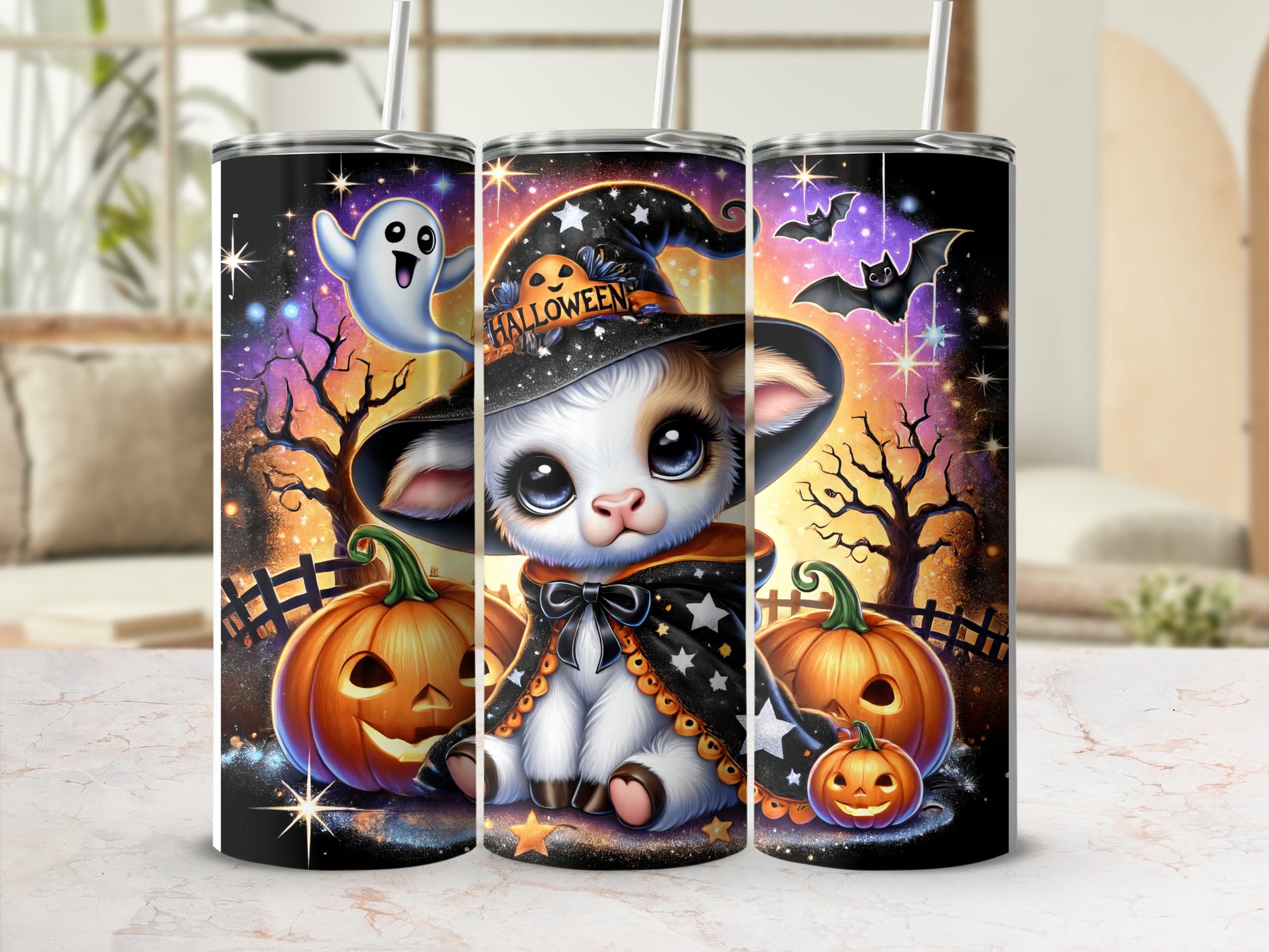 Halloween kitten in witch hat with pumpkins and ghost.