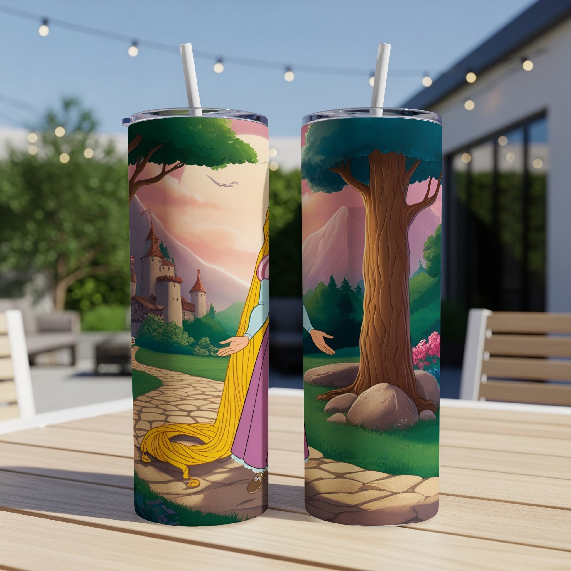 Rapunzel on a path with a castle, next to a large tree on a tumbler.