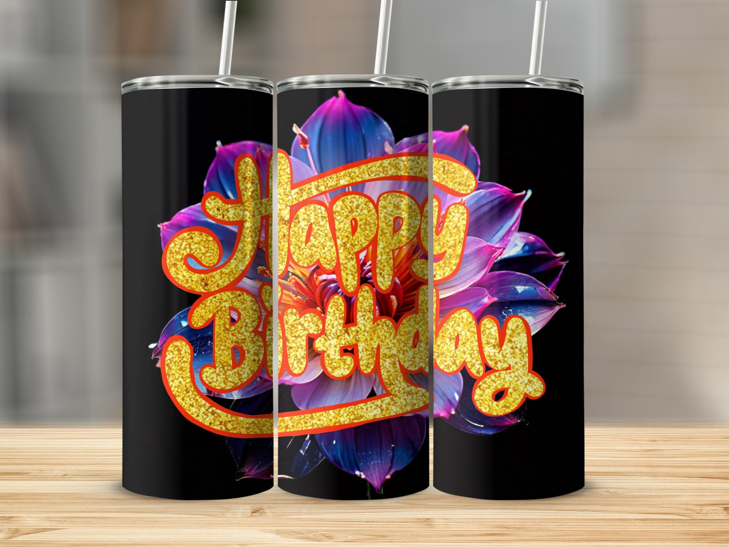 Black tumbler with "Happy Birthday" text over a vibrant purple and pink flower.