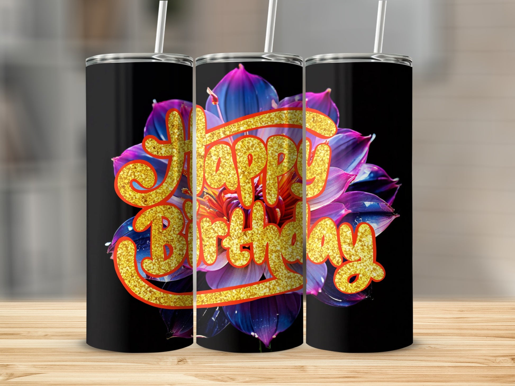Black tumbler with "Happy Birthday" text over a vibrant purple and pink flower.